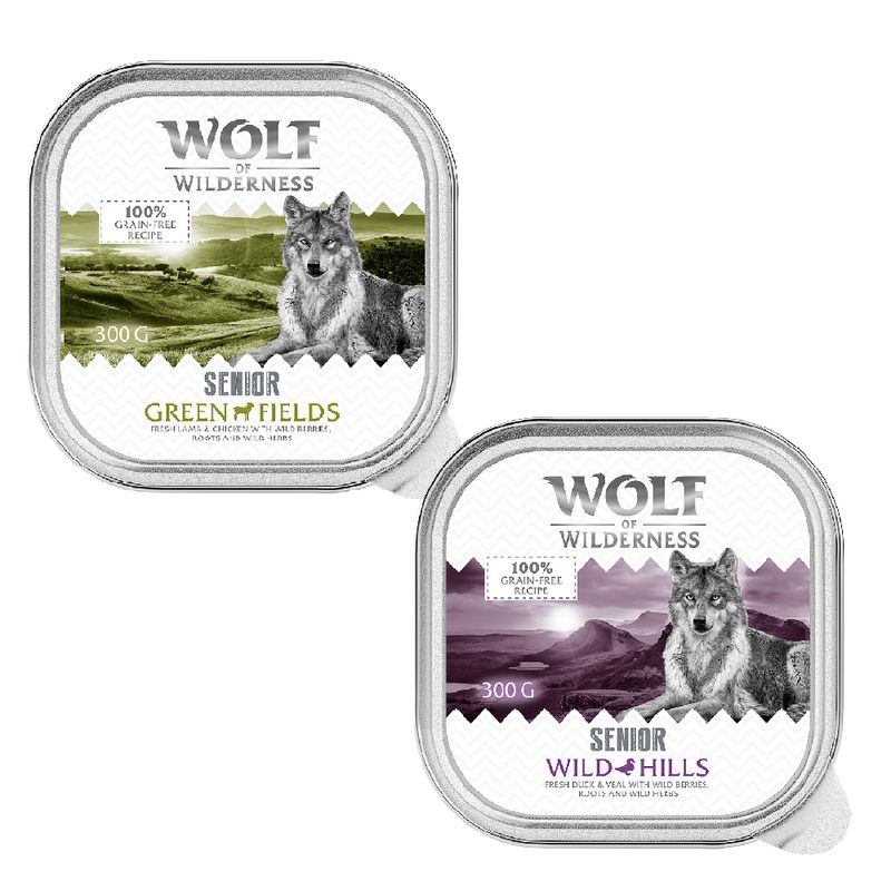 Wolf of Wilderness Senior wet food, varieties Green Fields with lamb and Wild Hills with veal, 100% grain-free, 300g.
