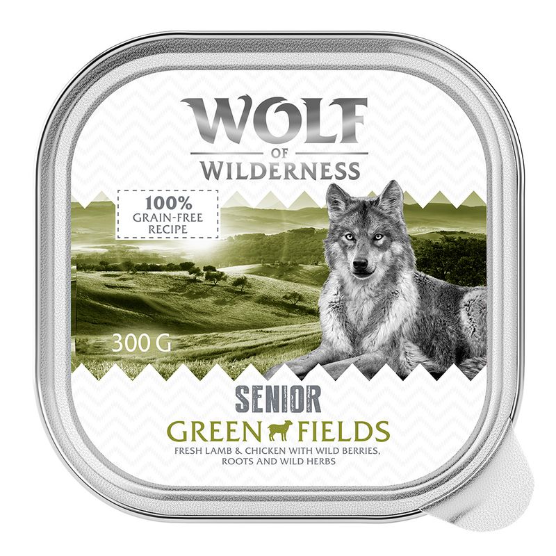 Wolf of Wilderness Senior Green Fields, 300g. Recipe with fresh lamb and chicken, wild berries, roots and herbs. 100% grain-free.