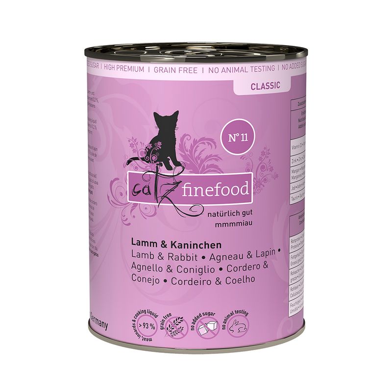 Catz finefood Classic No 11 Lamb & Rabbit tin, grain free, no animal testing, no added sugar, 93% meat and cooking liquid. Text in multiple languages on purple packaging.