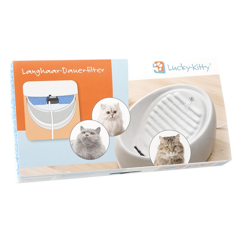 Lucky-Kitty long-hair permanent filter for drinking fountain, with image of three cats and filter diagram.