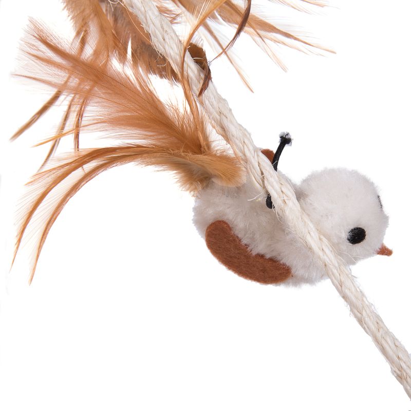 Fabric toy bird with brown feathers, attached to a white rope.