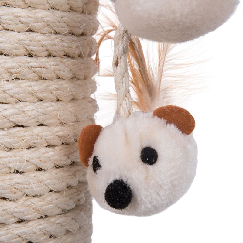 Plush toy with brown ears and black eyes, attached to a sisal post. Includes feathers for extra play fun.