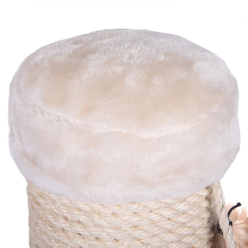 Cat tree element with beige plush cushion and wrapped sisal rope.