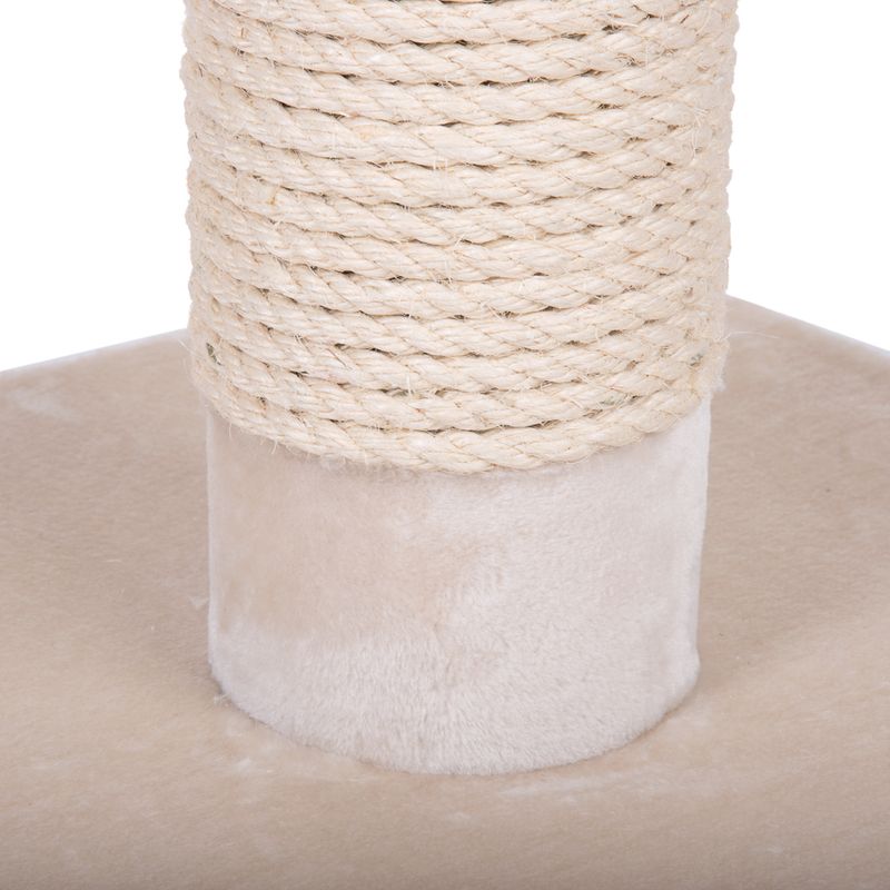 Scratching post wrapped with sisal rope, beige plush base visible.