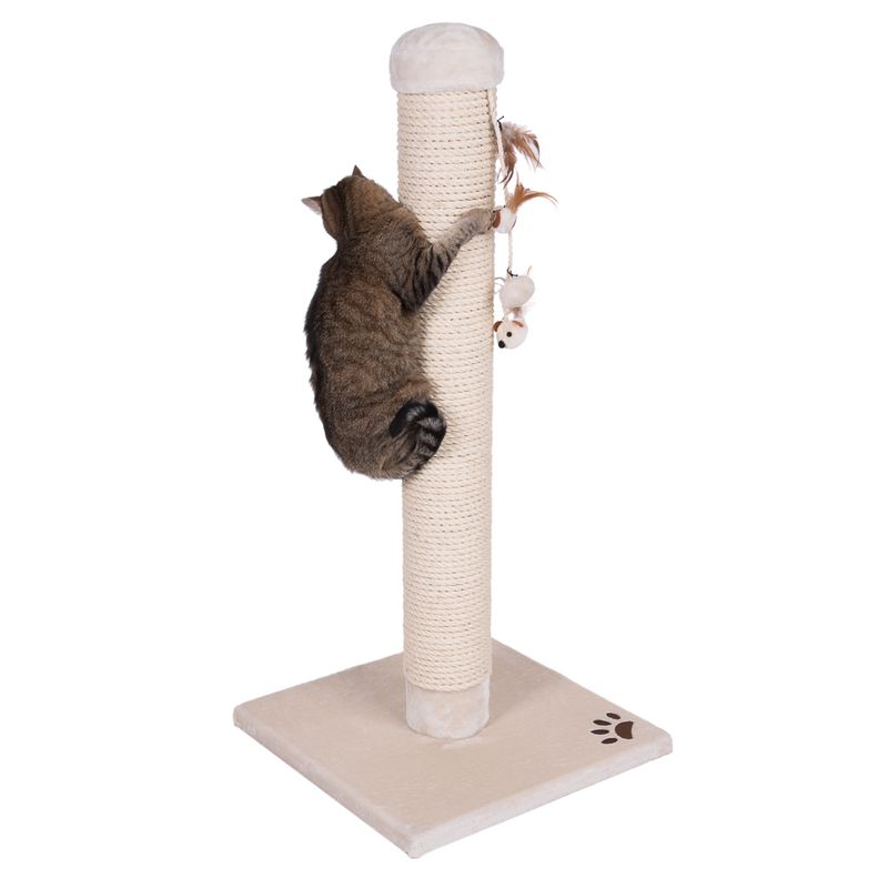 Cat tree with beige base, sisal post and toy hanger. Cat climbing up the post.