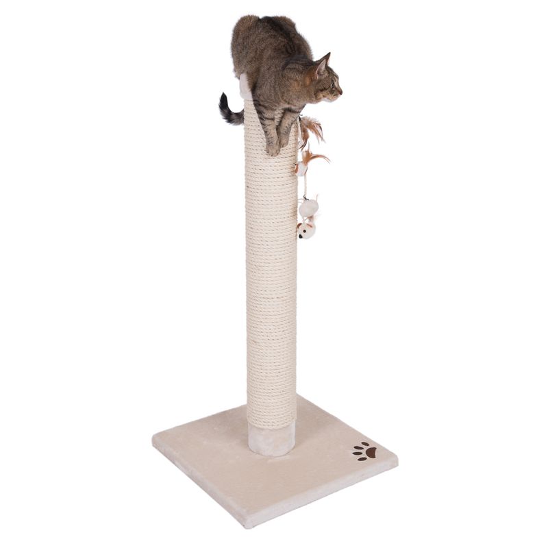 Cat tree with beige base, sisal post and hanging toy. Cat sitting on top of the post.