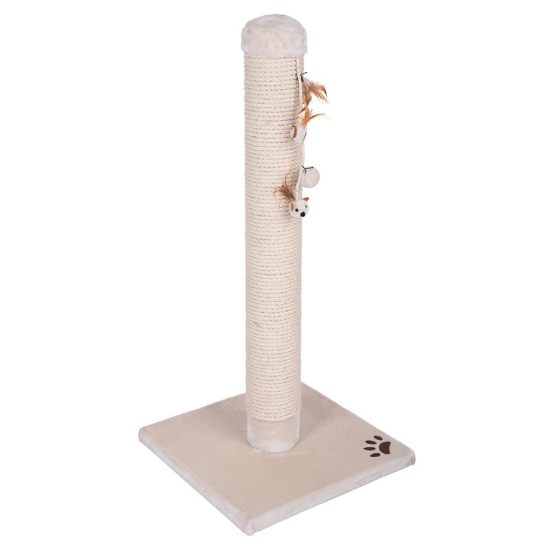 Cat tree with beige sisal post, toy hanger with feathers and padded base plate with paw motif.
