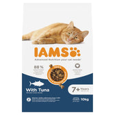 IAMS cat food with tuna, 88% animal protein, 100% balanced nutrition, for cats from 7 years. No fillers, artificial colours, flavours or GMOs. 10kg pack.