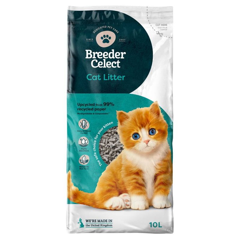 Breeder Celect Cat Litter, upcycled from 99% recycled paper, biodegradable and compostable, natural odour control, made in the United Kingdom, 10 litre bag.