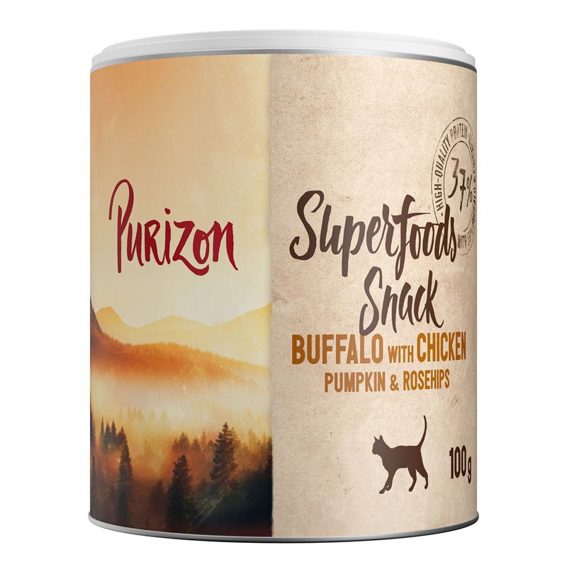 Purizon Superfoods Snack, buffalo with chicken, pumpkin & rosehip, 100g. High-quality protein, suitable for cats.