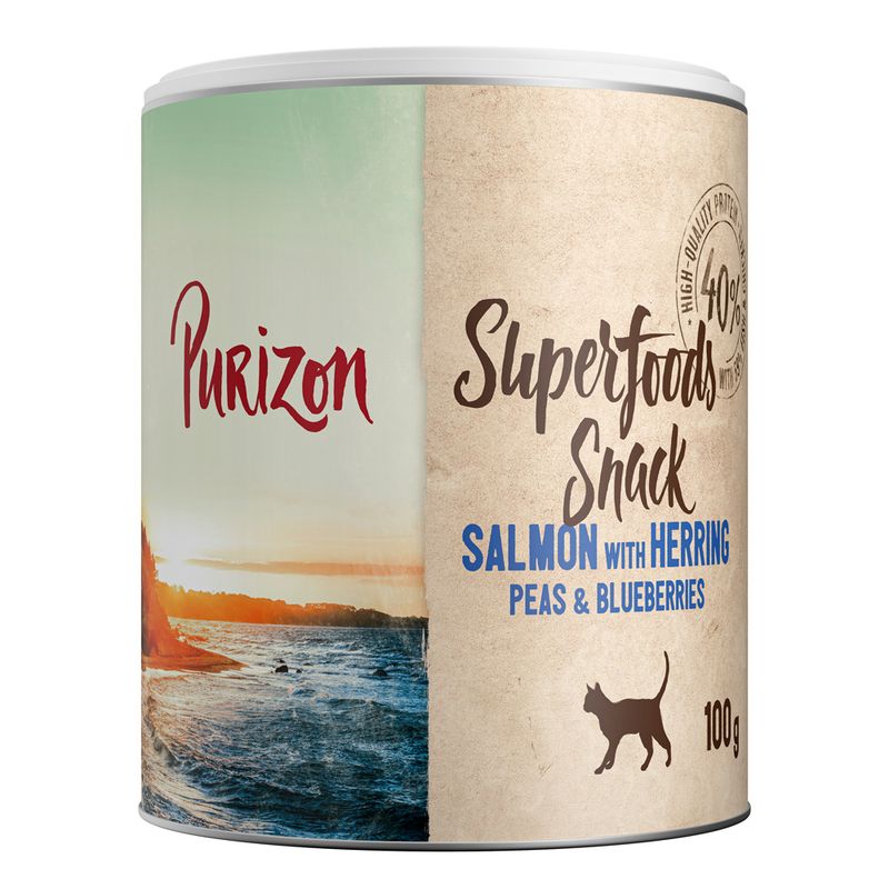 Purizon Superfoods Snack, salmon with herring, peas & blueberries, 100g. High-quality ingredients, suitable for cats.