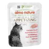 almo nature HFC chicken fillet, ingredients originally fit for human consumption, now cat food. All life stages. Fondazione Capellino logo visible.