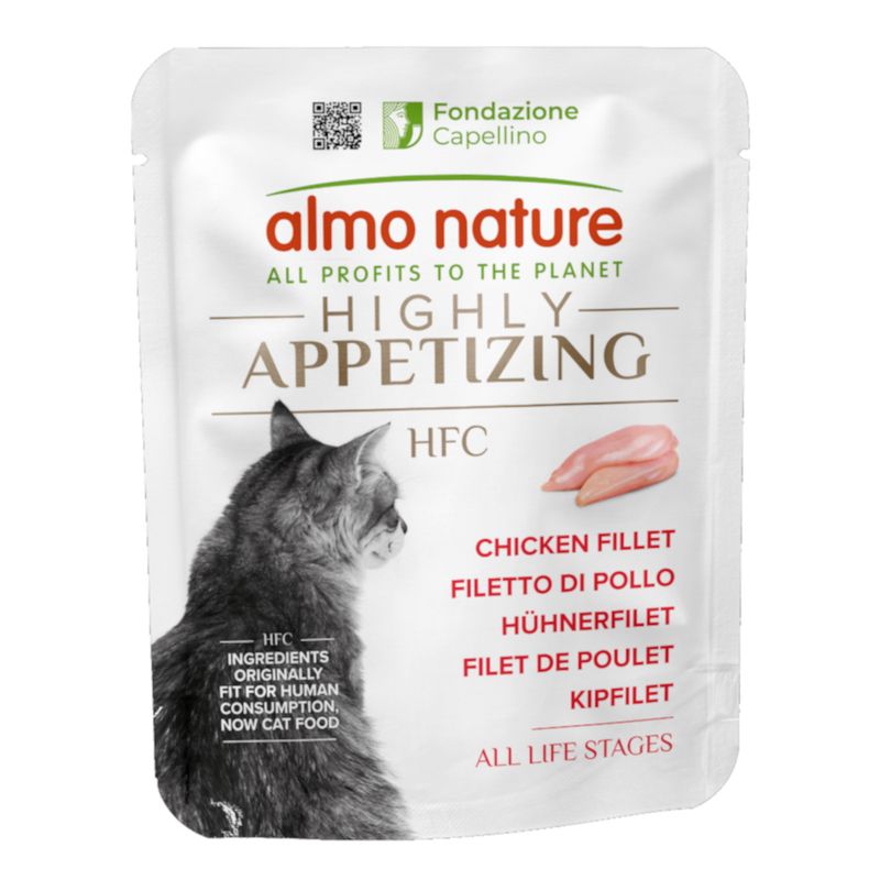 almo nature HFC chicken fillet, ingredients originally fit for human consumption, now cat food. All life stages. Fondazione Capellino logo visible.