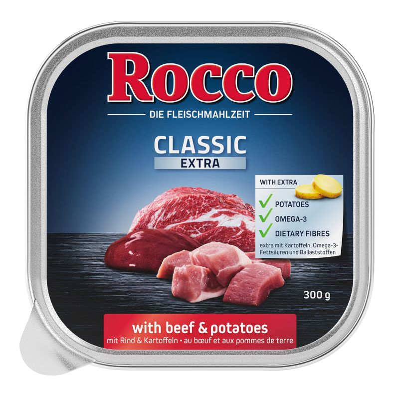 Classic Extra with beef and potatoes, contains extra potatoes, omega-3, and dietary fibres. 300g tin. Visible raw beef pieces and potato slices on packaging.