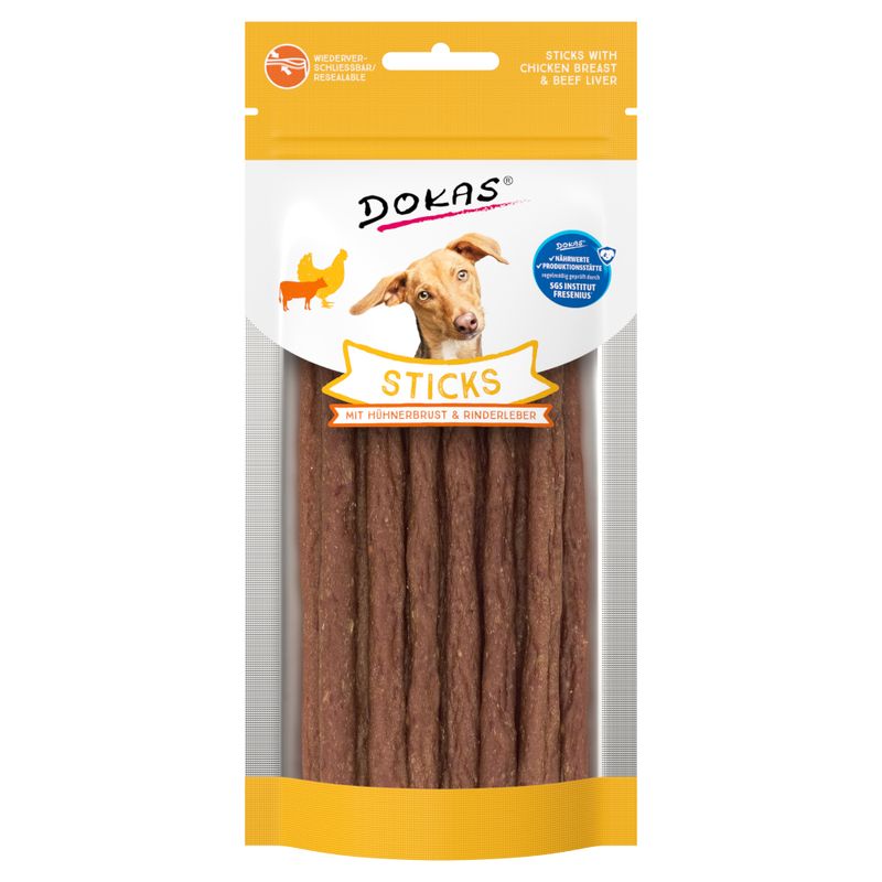 Dokas Sticks with chicken breast and beef liver, resealable packaging, tested by SGS Institut Fresenius.