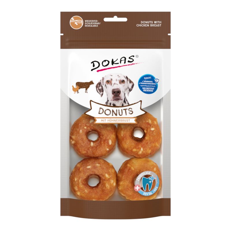 Dokas donuts with chicken breast, resealable packaging, supports dental care, tested by SGS Institut Fresenius.
