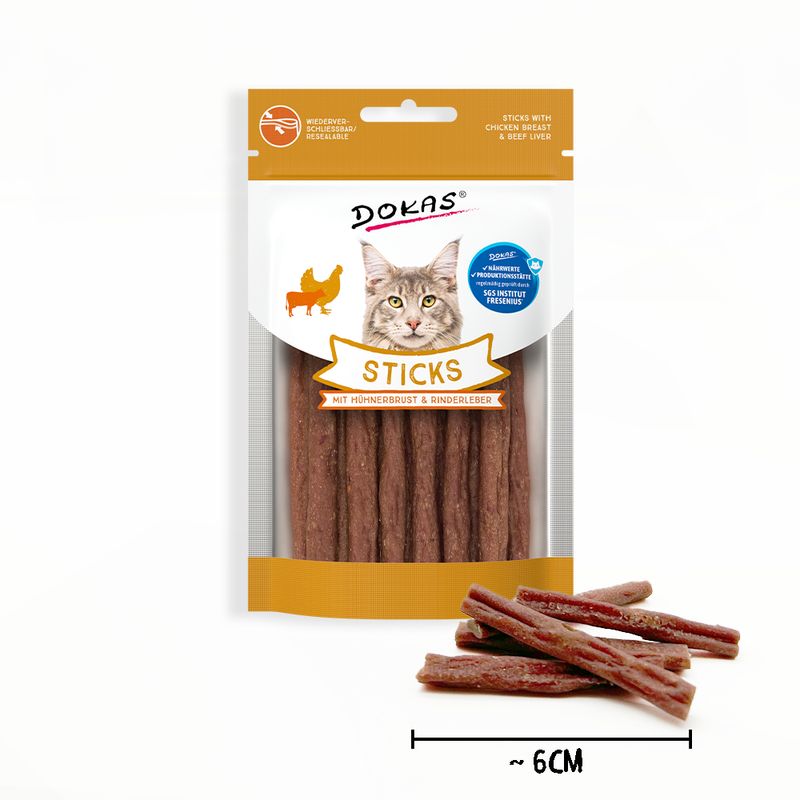Dokas sticks with chicken breast and beef liver, resealable packaging, tested by SGS Institut Fresenius, stick length approx. 6 cm.