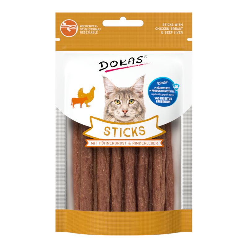 Dokas sticks with chicken breast and beef liver, resealable packaging, tested by SGS Institut Fresenius.