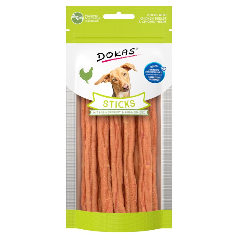 Dokas sticks with chicken breast and chicken heart, resealable packaging, tested by SGS Institut Fresenius.