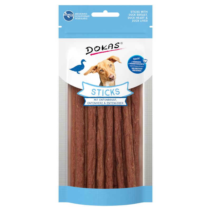 Dokas sticks with duck breast, duck heart and duck liver. Resealable packaging. Tested by SGS Institut Fresenius.