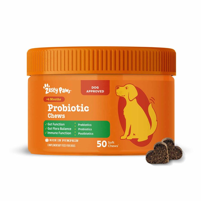 Zesty Paws Probiotic Chews, from 4 months, 50 soft chews. With prebiotics, probiotics, postbiotics. Supports digestive function, gut flora and immune system. Rich in pumpkin.