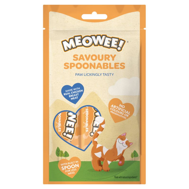 Meowee! Savoury Spoonables. Made with real chicken breast meat. No artificial colours or preservatives. Built-in spoon for less mess.