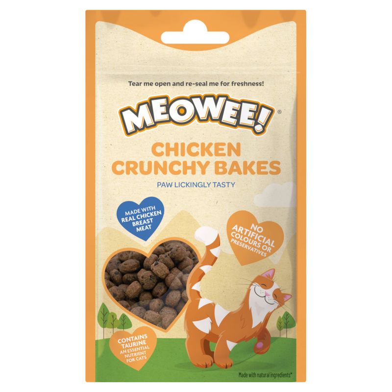 Meowee! Chicken Crunchy Bakes. Made with real chicken breast, no artificial colours or preservatives. Contains taurine, an essential nutrient for cats.