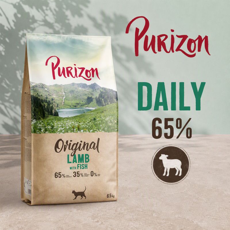 Purizon Original Lamb with Fish, DAILY 65%, 65% lamb, 35% other ingredients, 0% grain, 6.5 kg pouch with sheep symbol.