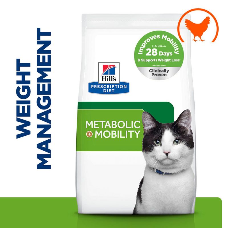 Hill's Prescription Diet Metabolic + Mobility Cat Food. Improves mobility in 28 days, supports weight loss. Clinically proven. With chicken.