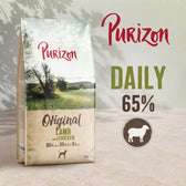 Purizon Original Lamb with Chicken, DAILY 65%, 65% lamb, 35% other ingredients, 0% grain, 12 kg bag shown.
