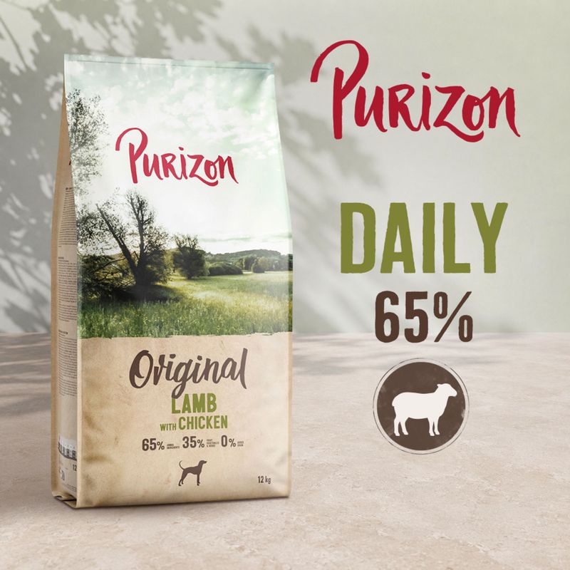Purizon Original Lamb with Chicken, DAILY 65%, 65% lamb, 35% other ingredients, 0% grain, 12 kg bag shown.