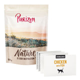 Purizon Nature is our inspiration, 100 g. Sterilised Chicken with Fish, silhouette of a cat.