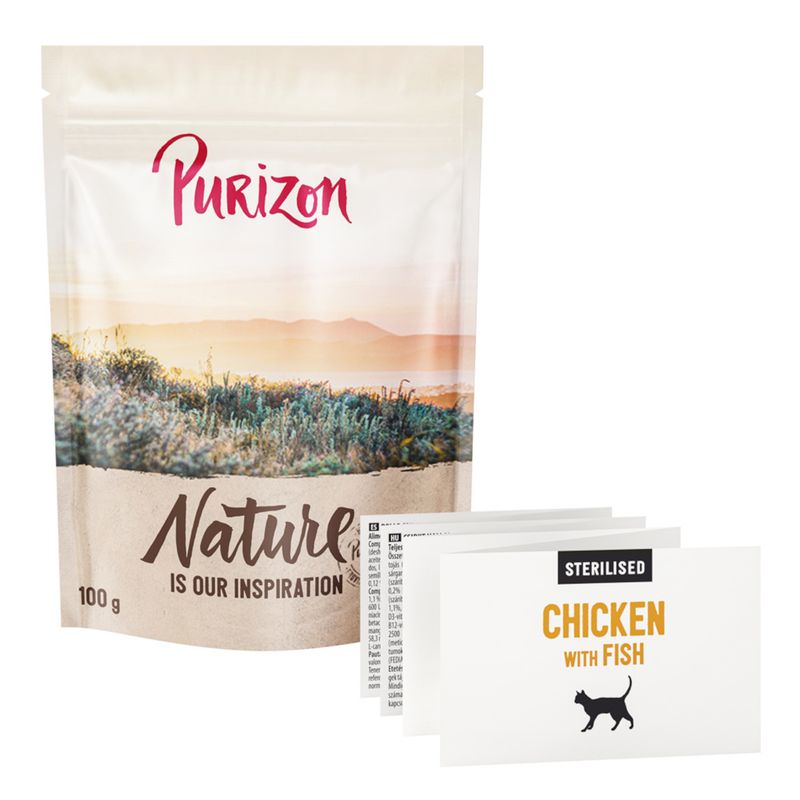 Purizon Nature is our inspiration, 100 g. Sterilised Chicken with Fish, silhouette of a cat.