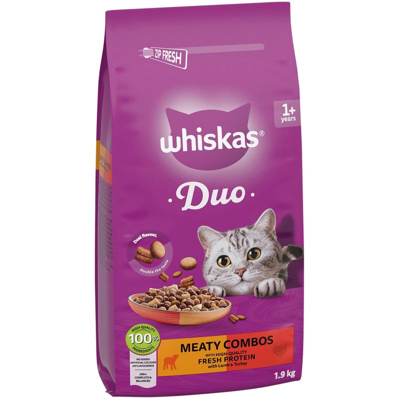 whiskas Duo Meaty Combos with lamb and turkey, 1.9 kg, 100% high-quality ingredients, fresh protein, no artificial colours or flavourings, for cats from 1 year