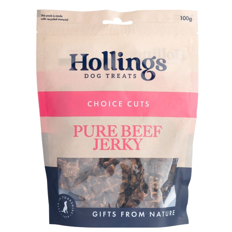 Hollings Dog Treats Choice Cuts Pure Beef Jerky, 100g, Gifts from Nature. Packaging made from recycled material.