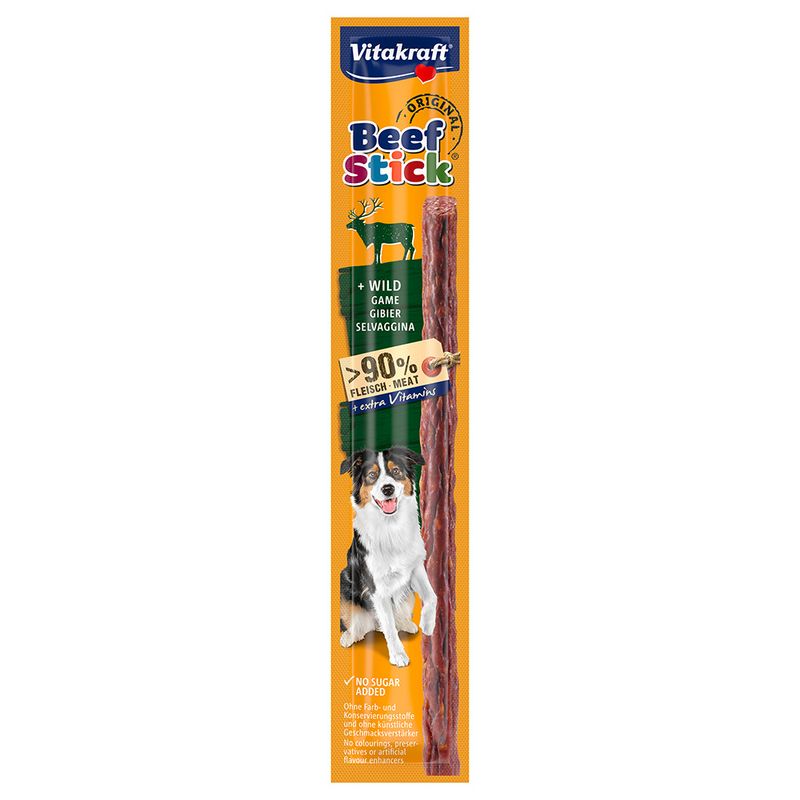Vitakraft Beef Stick Original with game, over 90% meat content, extra vitamins, no added sugar, no colourings or preservatives. Packaging shows dog and product.