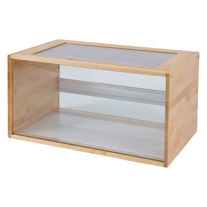 Wooden terrarium with glass front and metal grid on top, suitable for keeping small animals. Rectangular shape with natural wood look.