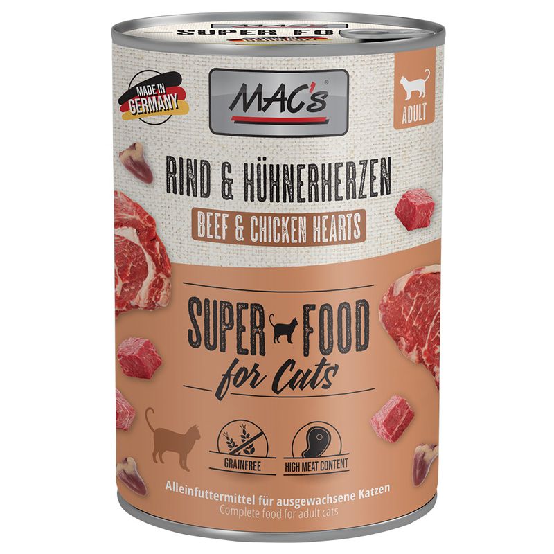 MAC's Beef & Chicken Hearts, Super Food for Cats, made in Germany, grain-free, high meat content, complete food for adult cats.