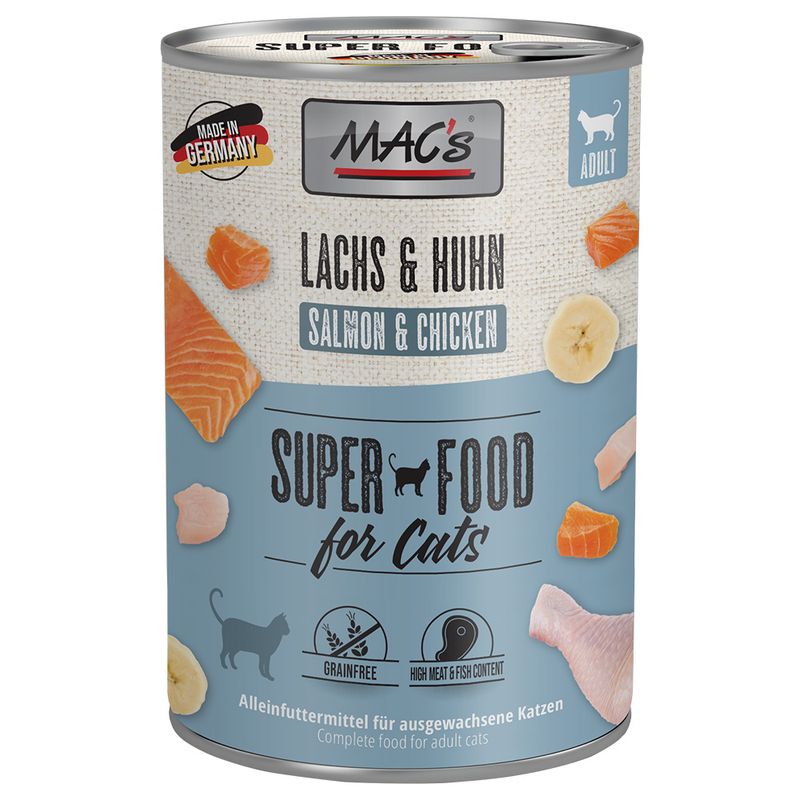 MAC's Super Food for Cats, salmon & chicken, Made in Germany, adult, grain-free, high meat and fish content. Complete food for adult cats.