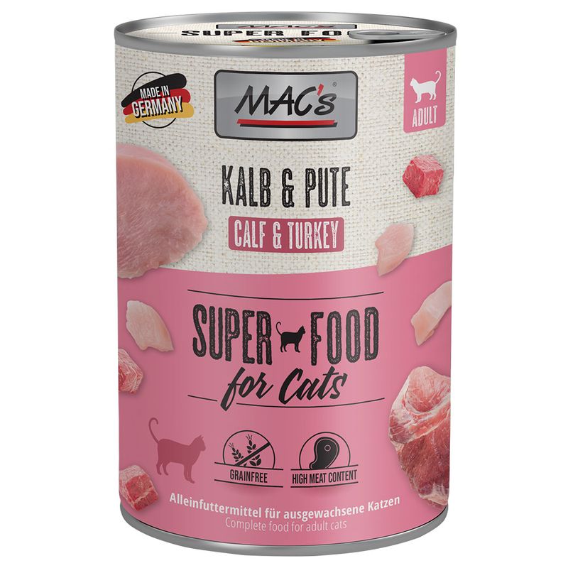 MAC's Super Food for Cats, veal & turkey, made in Germany, complete food for adult cats, grain-free, high meat content.