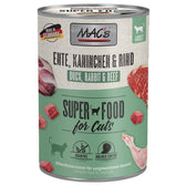 MAC's Super Food for Cats, duck, rabbit & beef. Made in Germany, grain-free, high meat content. Complete food for adult cats.