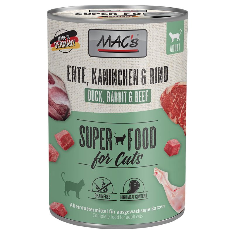 MAC's Super Food for Cats, duck, rabbit & beef. Made in Germany, grain-free, high meat content. Complete food for adult cats.