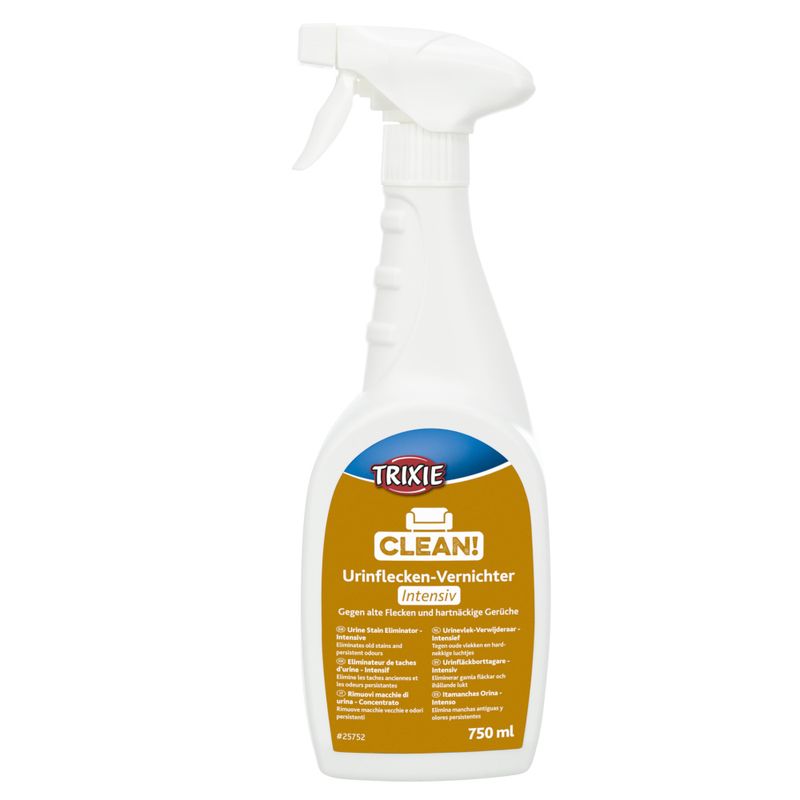 Trixie Clean! Urine stain remover Intensive, 750 ml. Removes old stains and stubborn odours. Suitable for textiles and surfaces.