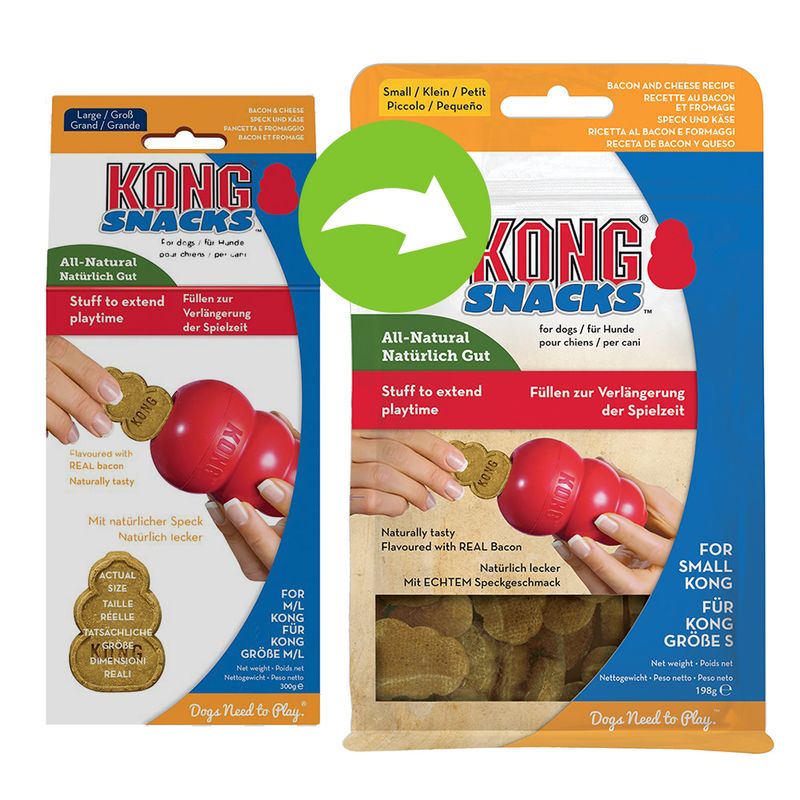 KONG Snacks for dogs. All-natural. With real bacon flavour. For small KONG size S. Fill to extend playtime. Net weight: 198g.