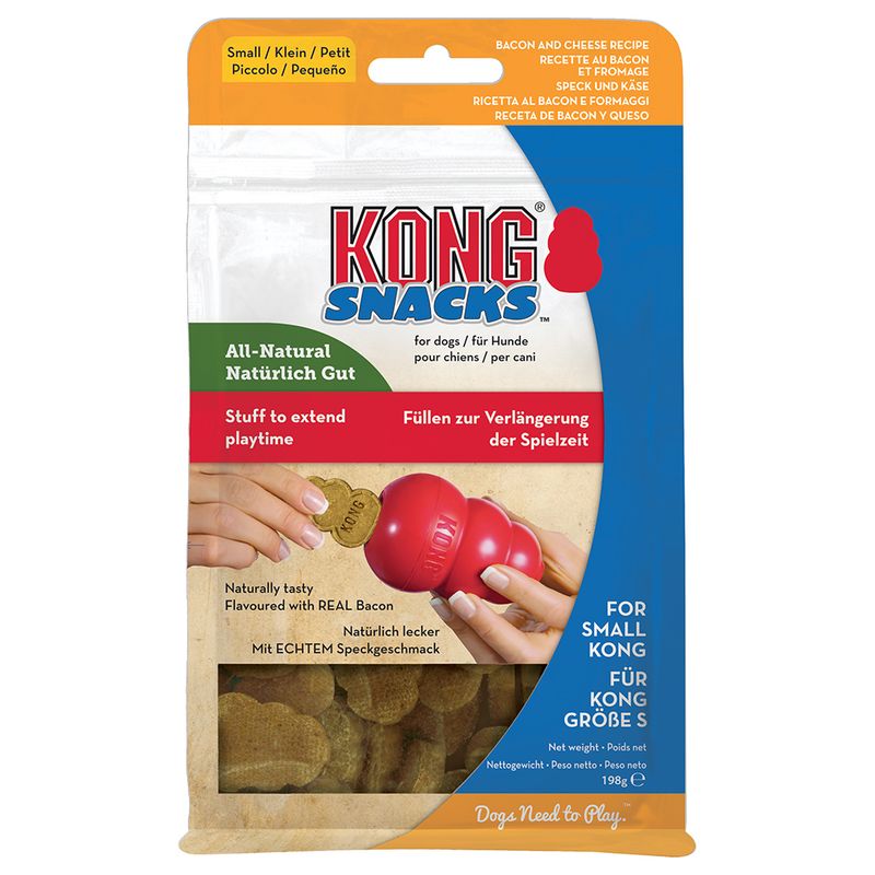 KONG Snacks for dogs, size S. Naturally tasty with real bacon flavour. Fill to extend playtime. Net weight: 198g.