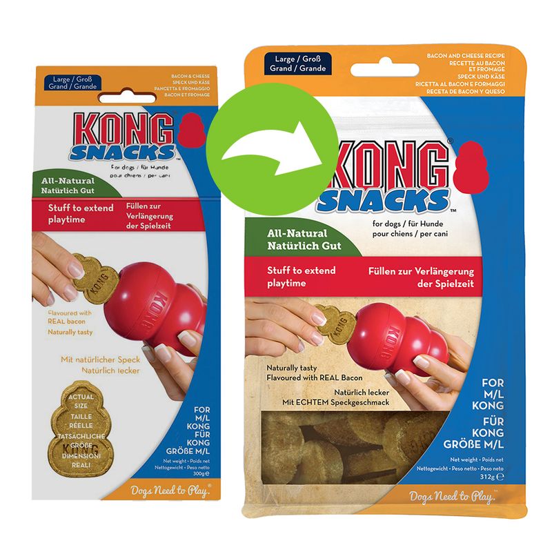 KONG Snacks for dogs, size M/L. Naturally tasty with real bacon flavour. Fill to extend playtime. Net weight: 312g.
