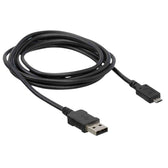 Black USB cable with standard USB connector and micro USB connector, suitable for data transfer or charging.