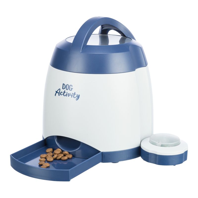 Dog Activity food dispenser in white and blue with pull-out compartment, filled with dry food.