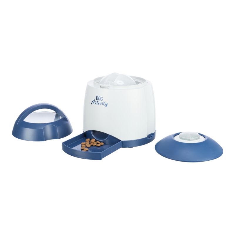 Dog Activity food dispenser with blue and white design, pull-out tray with dry food and two interchangeable covers.