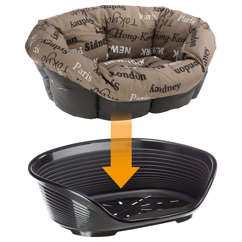 Soft brown cushion with city names, suitable for black plastic basket. Arrow shows inserting the cushion into the basket.